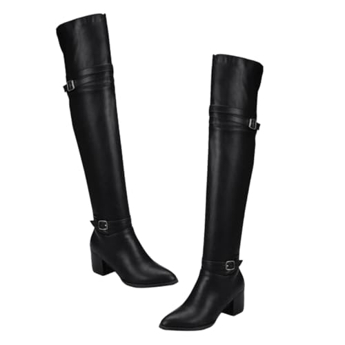 BESPORTBLE Botas Largas para Dama Negras de Tacón Grueso Otoño E Invierno, Botas Mosqueteras Mujer Suela Antideslizante, Material Transpirable, Talla 39, Uso Casual y Diario