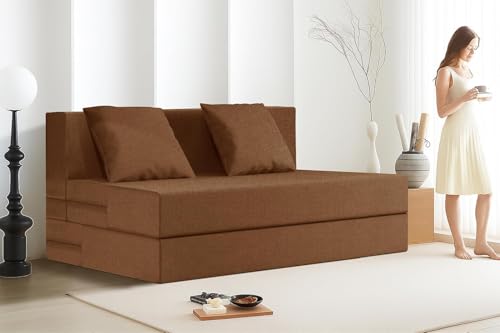 Image of Rosebell Two-Person Jute Sofa Cum Bed | Compact & Lightweight | Removable Washable Cover- Including 2 Cushion | 4x6 Ft Size | Home or Office - Brown Color