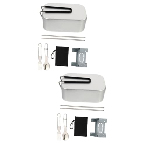 Amosfun 2 Juegos Fiambrera plegable de aluminio caja tapa exterior kit de desorden para acampar kitchen utensils set contenedores de almuerzo de viaje aleación de aluminio Silver