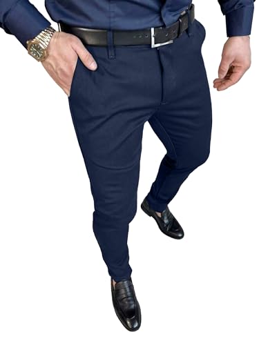 PLEPAN Men's Stretch Dress Pants Slacks Skinny Fit Tapered Trousers with Elastic Waistband Golf Pants, Dark Blue, L