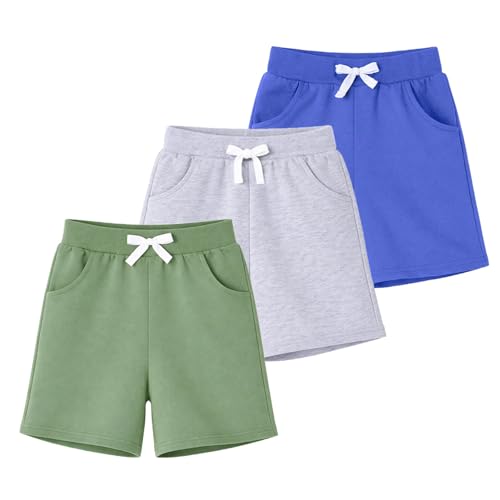 Image of HILEELANG Boys Sweat Shorts 3 Pack, French Terry Cotton Pull On Shorts with Pockets for Toddler Little Boys 2-7Y