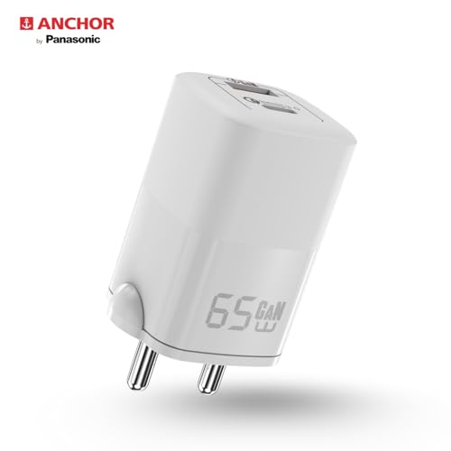 Image of Anchor by Panasonic Type C Dual Port 65W GaN Fast Wall Charger, Compact Travel Adapter with Short Circuit Protection, High Speed Charging for Samsung, iPhone, Headphone, Camera, Laptop