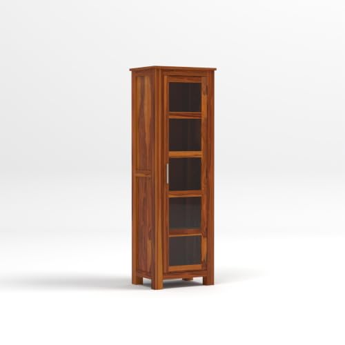 Image of Solid Sheesham Wood Display Cabinet with Acrylic Glass Door | Wooden Bookshelf & Bookcase Storage Cabinet for Living Room, Home Office & Bedroom