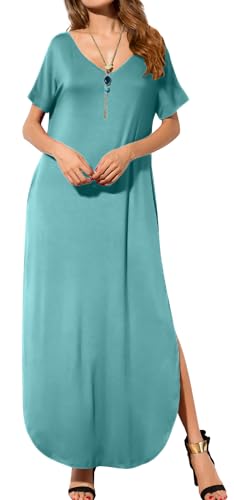 Image of GRECERELLE Women's Summer Maxi Dress Casual Loose V Neck Short Sleeve Side Split Long Dresses with Functional Pockets