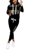 Jogging Suits for Women - Two Piece Sweatsuit Pullover Hoodie + Long Pants Tracksuit Set Jumpsuits XX-Large Camouflage Black