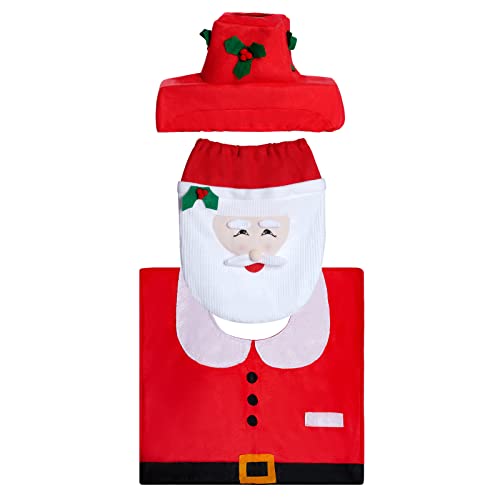 cnomg Toilettensitzbezug und Vorleger, Weihnachtsmann, Schneemann, Hirsch, 3-teiliges Set (rot, 1) Cover