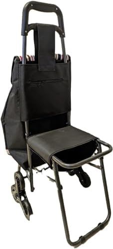 Freshnewlooks 6 Wheel Shopping Trolley Folding Black Tri Wheel Stair Climbing or Curb with seat 96 x 43 x 27cm Canvas Waterproof Bag