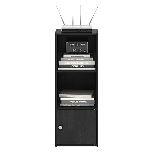 Image of Furinno LUDER Book Shelf, 3-Tier Modern Bookshelf, Bookcase with 1 Door Storage Cabinet, 9.3 x 12 x 31.5, for Organization and Storage, for Living Room, Bedroom, Home Office, Blackwood