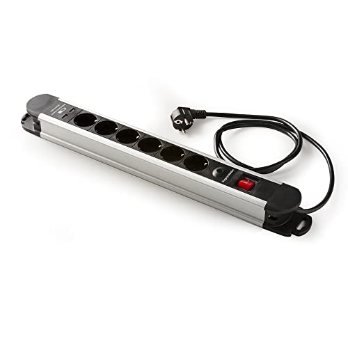 FAMATEL – Regleta aluminio 6 tomas y 2 USB | Enchufes con Interruptor Luminoso | 1,5 Metros | Hasta 3680W | Protección Infantil | Orientación tomas a 45º | Evita consumos fantasma | Negro
