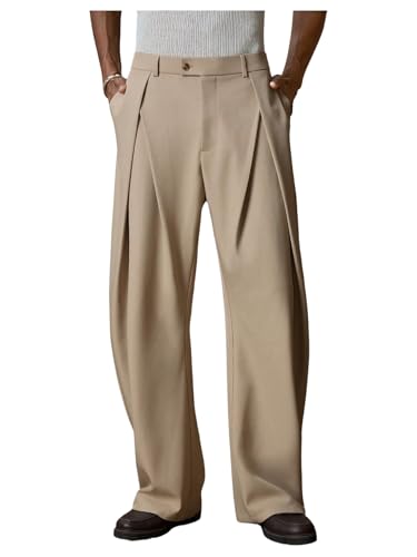 OYOANGLE Men's Pleated Dress Pants Zipper Fly Work Office Slacks Straight Leg Trousers with Pocket