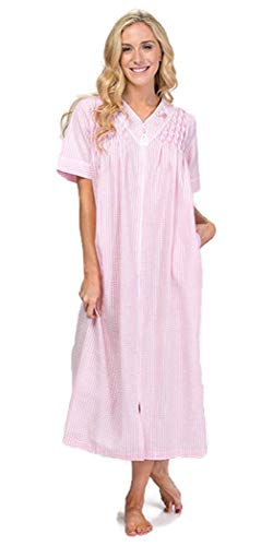 Miss Elaine Full Zip Seersucker Long Robe 863628 (Peach Check, Petite Small)
