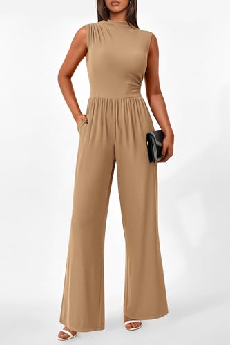 Image of PRETTYGARDEN Women's Summer Dressy Casual Jumpsuits | Cozy Ribbed Fabric, Sleeveless Mock Neck, Back Zipper, Pockets, Wide Leg Pants Rompers, Fashion Clothing, One Piece Outfits