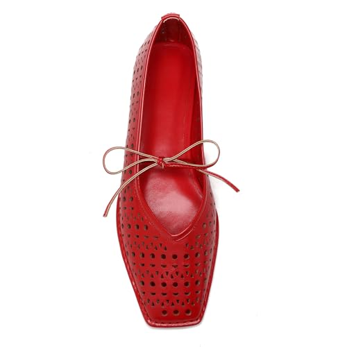 Seborluys Lace Up Ballet Flats for Women Square Toe Mary Jane Flats Bow Slip On Leather Comfortable Ballerina Shoes4