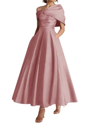 Verngo One Shoulder Mother of The Bride Dresses for Women Satin Ruffle A Line Formal Prom Evening Gowns with Pockets3