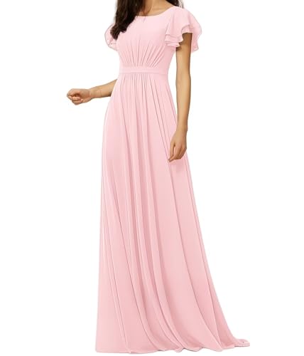Women's Crewneck Bridesmaid Dresses Short Sleeve Floor Length A-Line Pleated Chiffon Evening Dress