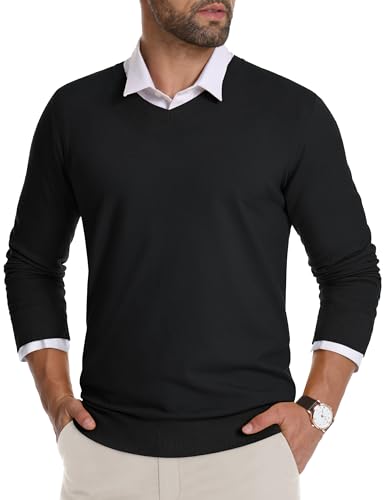 CRYSULLY Men's V Neck Sweater Knitted Pullover Casual Soft Lightweight Long Sleeve Dress Sweater