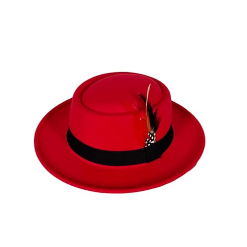 Punctualgood Wool Felt Fedora Hats for Women Men Wide Brim Flat Top Hat Jazz Hat with Feather Unisex (US Alpha One Size Red)
