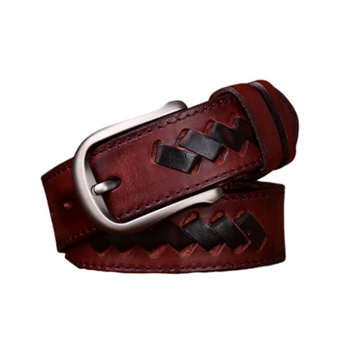AGUTALITHIC Gesteppter Ledergürtel Herren Flecht-Gürtel Aus Vollrindleder Herrengürtel Jeans-Gürtel Echtleder 3.3cm Breit Mit Silberner Schließe(100cm/39, Red)