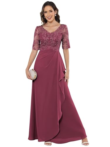 VCCICANY Elegant Mother of The Bride Dresses Long Chiffon Lace V Neck Half Sleeves Ruffle Formal Dresses for Women