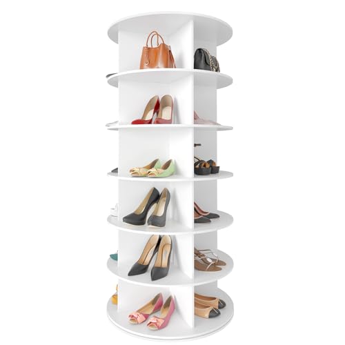 SpaceAid 6 Tier Rotating Shoe Rack Tower, Spinning Shoe Display Lazy Susan, Revolving 360 Shoe Rack Storage Round Carousel, Vertical Handbag Rotate Shoes Closet Organization (6-Tier White)