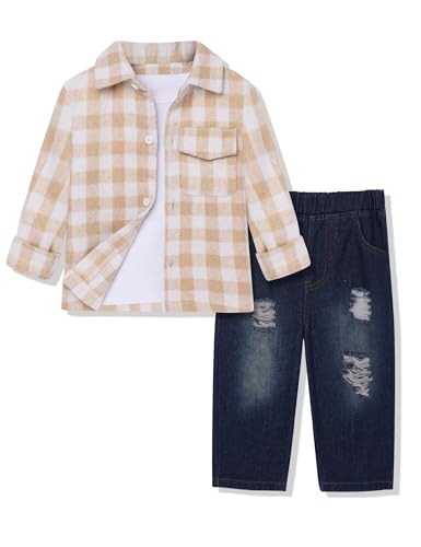 Crazyme 3Pcs Toddler Boy Clothes Plaid Shirt & White T-Shirt & Pants Boys Fall Outfits Clothing Set for Kids 6M to 6Y