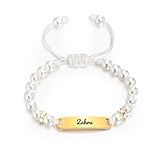 Gamtic Personalized Baby Name Bracelets - Custom Engraved Pearl Pink Crystal Beads Bracelet for Kids Infant Girls Boys New Born Toddler Birthday Gift Adjustable, Baby Christening Gift (White)