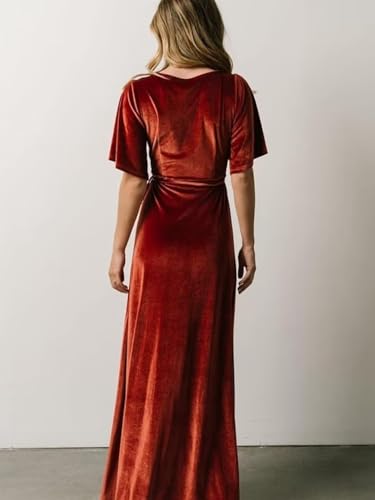 Velvet Bridesmaid Dress Long for Women Flutter Sleeves V Neck Formal Gowns with Side Slit 20243