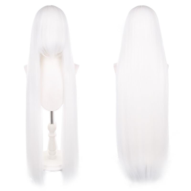 Aadesso 001-white color with long bangs 100cm/3.3feet Long Anime Wig Heat resistant Straight Synthetic Hair Wig
