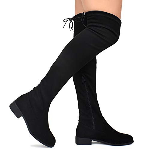 Premier Standard - Women's Fashion Comfy Vegan Suede Block Heel Side Zipper Back Lace Thigh High Over The Knee Boots2