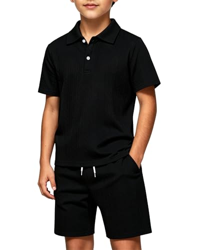 Coco&RARA Boys Shorts Size 10-12 Solid Color Button-Down Polo Boy Outfits T-Shirt + Kids Clothing Shorts Set with Pockets Black 11-12 Years
