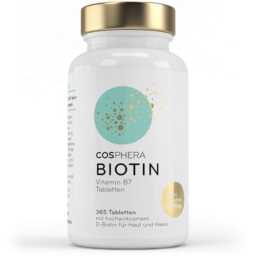 Biotin Tabletten - Hochdosiert mit 10.000 mcg D-Biotin pro Tablette - 365 vegane Tabletten im 1-Jahresvorrat - für schöne Haare und Haut - Vitamin B7 trägt zur Erhaltung normaler Haut und Haare bei