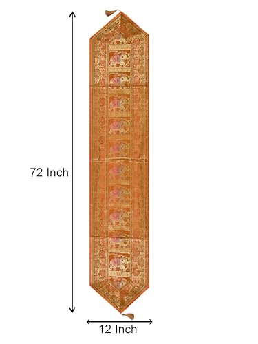 Image of Banarasi Brocade Zari Silk Table Runner Dinning & Centre Table Runner 177 By 30 CM (Mustard Yellow, Elephant)