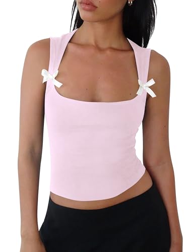 Women Y2k Bow Tank Top Sleeveless Scoop Neck Crop Tops Aesthetic Bow Cami Shirts Preppy Clothes Summer Going Out
