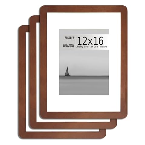 TRAHOME 12x16 Picture Frame,Solid Wood,3 Pack Photo Frames, Display Pictures 8.5x11 with Mat or 12x16 Without Mat, Gallery Wall Photo Frames-Brown Cover
