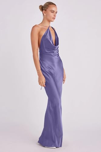 Image of Memoriesea Women's Low Cut Cowl Neck Open Back Tie Up Cocktail Party Maxi Dress Purple