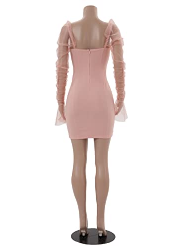 Image of Uni Clau Women Sexy Mesh Sheer Puff Long Sleeve Mini Dress Bodycon Deep V Neck Patchwork Party Clubwear Dress