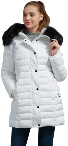 Hooded Down Alternative Coat, GUINA Long Heavenly Fashion Thickened Jacket with Fur Trim Puffer Jacket Womens Winter Coats For Women Cotton Padding Jacket Fit Sweaters Gifts For Women Mom White,XL