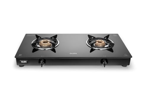 Image of Glen Apex 2 Burner LPG Gas Stove 66 cm | 6mm Toughened Glass Top | Brass Burners | ISI Certified | Manual Ignition | Black with Drip Trays & Revolving Inlet Nozzle | 2 Year Warranty