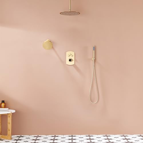 Sistema de Ducha para Techo de 12 Pulgadas MONDAWE en Acabado Dorado Cepillado, Juego de Grifo de Ducha con 3 Funciones, Cabeza de Ducha Lluvia Dual y Chorro de Alta Presión Manual, Todas las Funciones Usables Simultáneamente miniatura 3