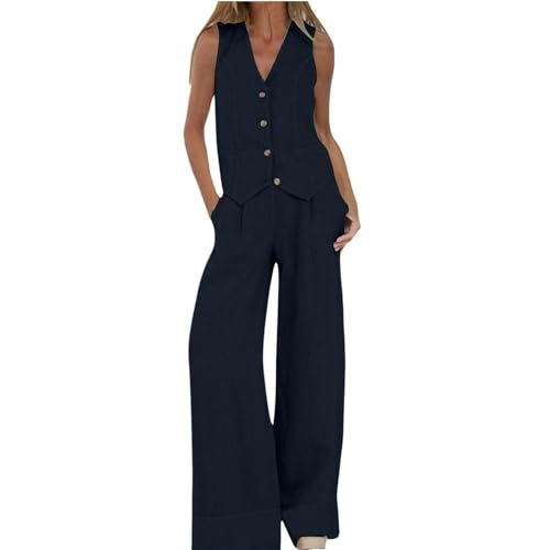 Linen Sets for Women 2 Piece Outfits Linen Pant Sets Casual Button Waistcoat V Neck Crop Vest Blazer2