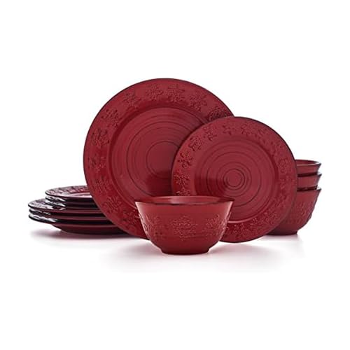 Pfaltzgraff Trellis Snowflakes 12 Piece Dinnerware Set, Service For 4, Red