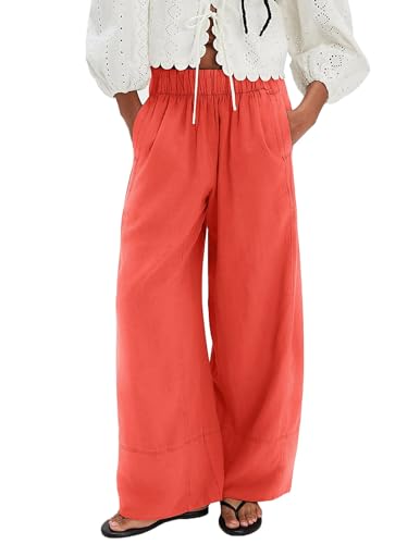 SAFRISIOR Women Linen Pants Wide Leg Casual Palazzo Pants Cotton Linen Lounge Beach Summer Pants with Pockets