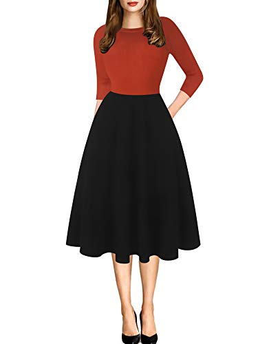 oxiuly Classic 3/4 Sleeve Soft Cotton Midi Casual Fall Dress with Pockets A-Line Tea Dresses for Women OX262 (S, Orange-bk 7F)