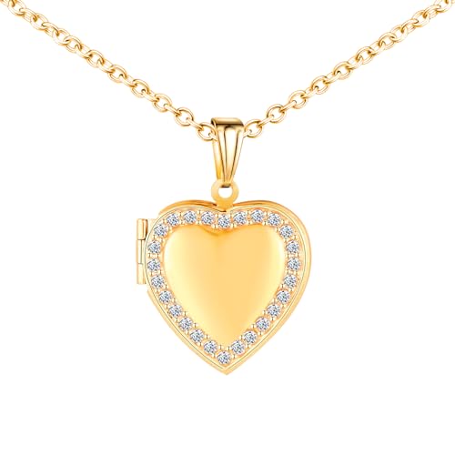 MICMIF Collier Zircone Coeur Médaillon Pendentif Personnalisé Photo en Acier Inoxydable, Collier Femme Medaillon Porte Photo Cadeau pour Maman Épouse Petite...
