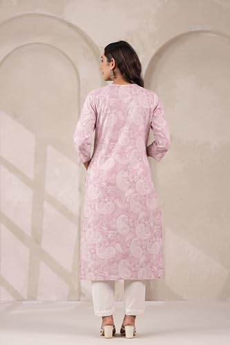 Image of Ichaa Women's Pure Cotton Embroidered V-Neck Ethnic Kurta with 3 /4th Sleeve for Daily and Office Wear, in Plus Sizes