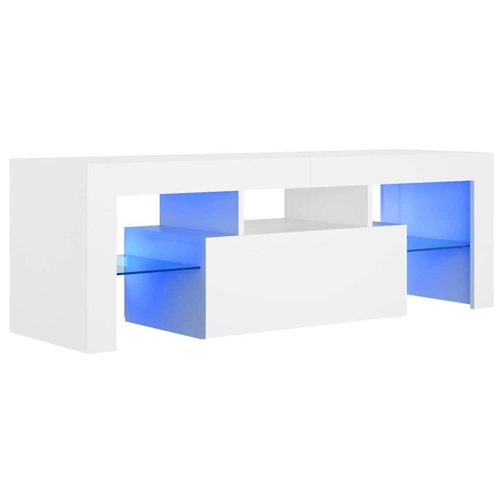 Mueble de TV de Madera con Iluminación LED RGB, Diseño Moderno y Almacenamiento Abierto, Adecuado para Salón y Dormitorio, Color Blanco, 120 x 35 x 40 cm