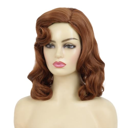 Image of Swiking Vintage Brown 1950s Hollywood Big Wave Wig Synthetic Curly Wig for Retro Parties Halloween Daily Use(Auburn Brown)