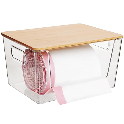 Citylife Stackable Storage with Bamboo Tops and Handles, Laundry Room Organization and Storage for Home, Kitchen, Under-Sink Garbage Bag Dispenser