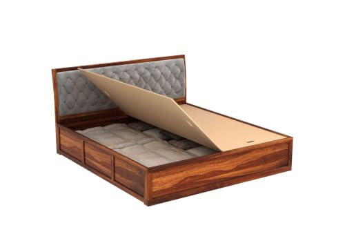 Image of Solid Sheesham Wood Queen Size Bed with Box Storage | Grey Upholstered Cushion Headboard | Wooden Double Bed for Bedroom | Palang /Cot /Mancham, Honey Finish