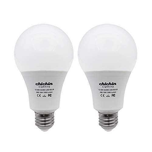 ChiChinLighting 15Watt 12volt-48volt Range LED Light Bulb (2 Pack) Standard Screw Base - Off Grid Solar System, RV, Marine LED Lights 6000k Cool White